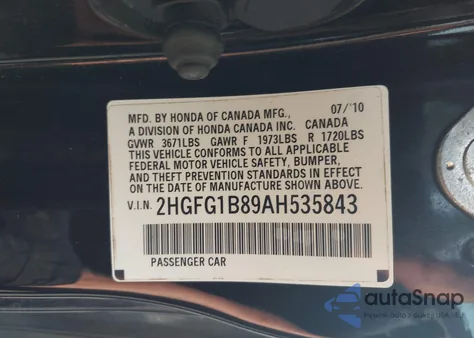 2010 Honda Civic Ex z USA, uszkodzony, nr VIN 2HGFG1B89AH535843